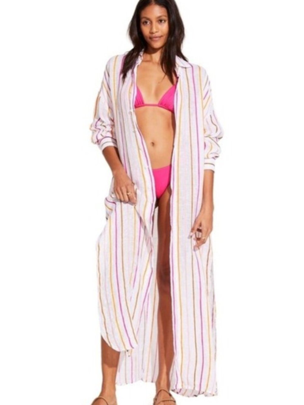 Vitamin A Playa 100% Linen Caftan Swim Coverup Shirt Dress Belted Size M